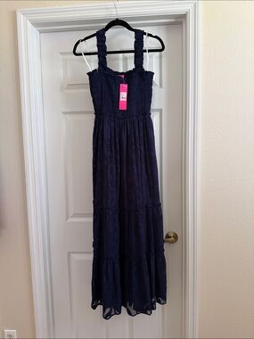 NWT Lilly Pulitzer Hadley Navy Smocked Maxi Dress with Ruffle Straps